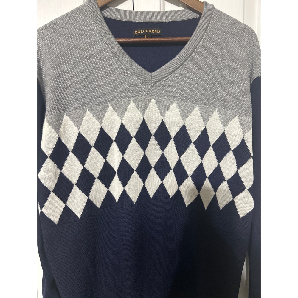Dolce‎ Roma Mens Argyle V-Neck Sweater Navy Blue Grey White Cotton Blend Large
